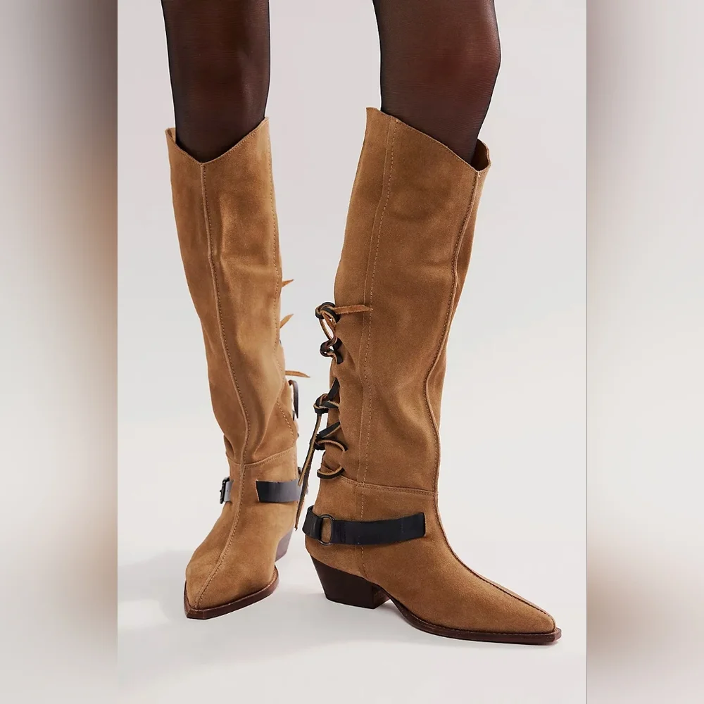 Free People Lace Sway Slouchy Women’s Military Taupe Western Boots Sz 7.5 NEW